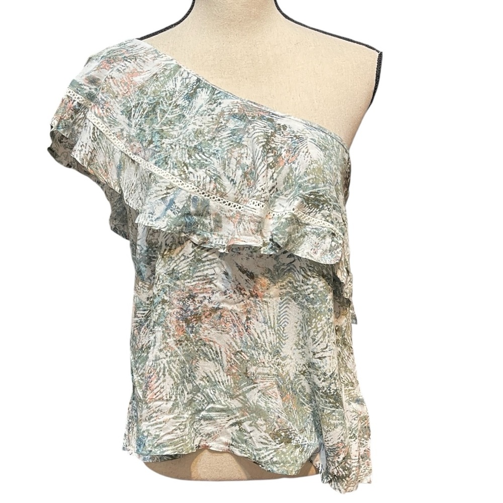 NWT Paper Crane Tropical Floral Print One Shoulder Ruffle Summer Blouse Top S
